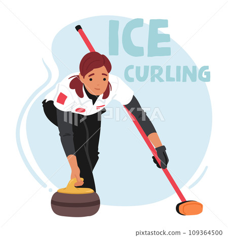 Graceful On The Ice, A Woman Glides With Precision, Releasing The Curling Stone. Concentration Etched On Her Face 109364500