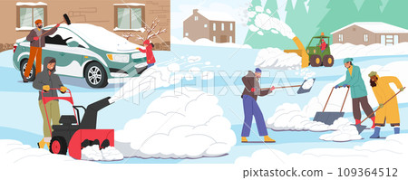 Neighbors Community Characters Bundled In Winter Gear, United In Clearing Snow From Their Driveways, Vector Illustration Neighbors Community Characters Bundled In Winter Gear, United In Clearing Snow From Their Driveways, Vector Illustration 109364512