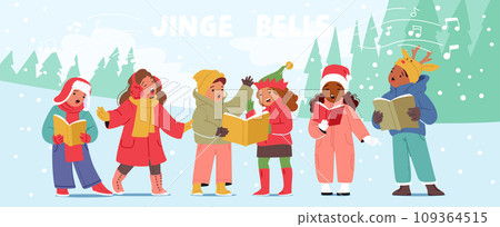Joyful Children Characters, Bundled In Winter Coats, Sing Christmas Carols With Bright Smiles, Spreading Holiday Cheer 109364515