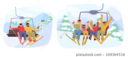 Skier Characters Ascend On A Towering Ski Lift, Bundled In Colorful Gear, In The Serene Winter Landscape 109364516
