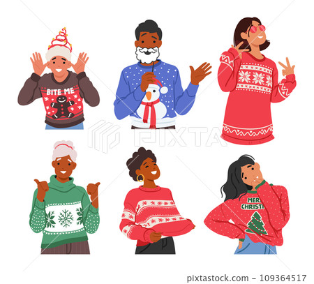 Joyful Male and Female Characters Sporting Festive, Ugly Christmas Sweaters, Striking Cheerful Poses Amid Holiday 109364517