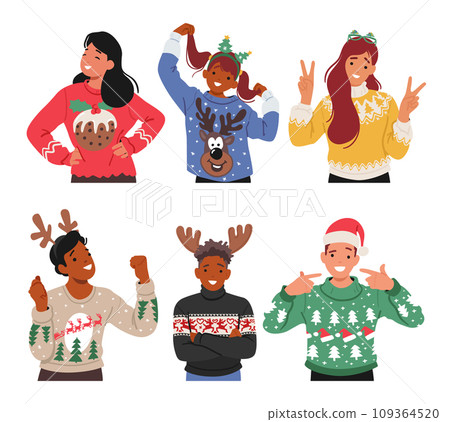 Adult And Kid Characters Wear Festive Ugly Sweaters, Striking Humorous Poses, And Radiating Holiday Cheer Adult And Kid Characters Wear Festive Ugly Sweaters, Striking Humorous Poses, And Radiating Holiday Cheer 109364520