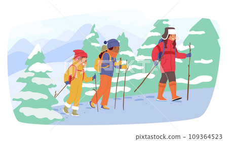 Children Characters Bundled In Warm Clothes Explore A Snowy Forest, Their Rosy Cheeks And Bright Eyes Filled With Wonder Children Characters Bundled In Warm Clothes Explore A Snowy Forest, Their Rosy Cheeks And Bright Eyes Filled With Wonder 109364523
