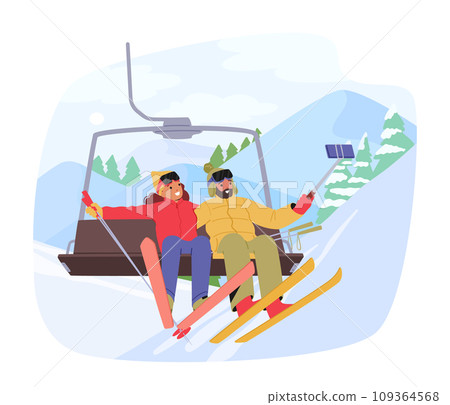 Bundled-up Skier Characters Ascend On A Ski Lift, Against A Snowy Mountain Backdrop, Creating A Picturesque Winter Scene 109364568
