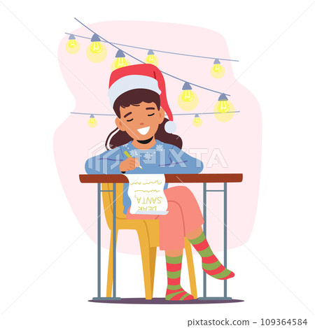 Young Child Sits At Table, Earnestly Writing A Heartfelt Letter To Santa Claus, Dreams And Wishes Filling The Page Young Child Sits At Table, Earnestly Writing A Heartfelt Letter To Santa Claus, Dreams And Wishes Filling The Page 109364584