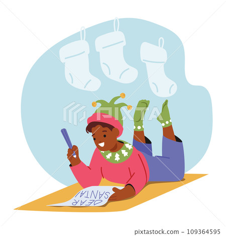 Young Child, Filled With Excitement, Earnestly Writes A Heartfelt Letter To Santa Claus, Lying on Floor, Vector 109364595