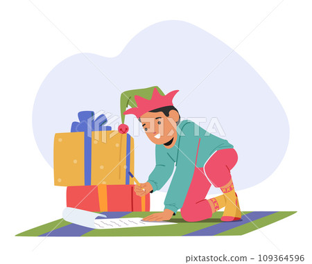 Joyful Child, Pen In Hand, Writes A Heartfelt Letter To Santa Claus, Brimming With Wishes And Hope, Vector Illustration 109364596