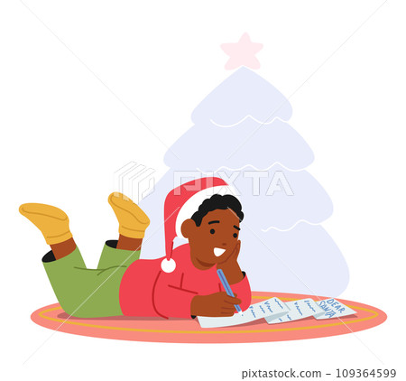Boy Character Lying on Floor with Pen In Hand, Writes A Heartfelt Letter To Santa Claus, Filled With Wishes And Dreams 109364599
