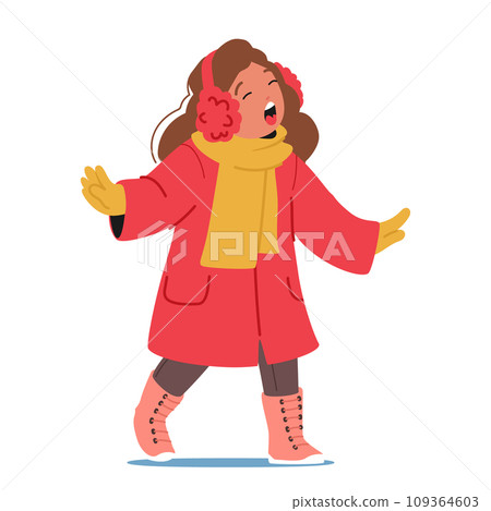 Cheerful Child Bundled In Winter Attire, Joyfully Sings Christmas Carols. Little Girl Character Spreading Holiday Spirit 109364603