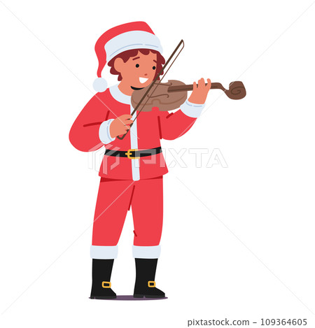 Joyful Kid In A Festive Christmas Santa Claus Costume Plays The Violin. Boy Character Spreading Holiday Cheer Joyful Kid In A Festive Christmas Santa Claus Costume Plays The Violin. Boy Character Spreading Holiday Cheer 109364605