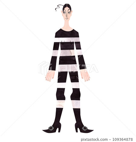 A thin, stern and angry, middle-aged Victorian woman with black hair, wearing a striped suit and pointed shoes with silver buckles. Watercolor hand drawn isolated illustration on white background. Cha A thin, stern and angry, middle-aged Victorian woman with black hair, wearing a striped suit and pointed shoes with silver buckles. Watercolor hand drawn isolated illustration on white background. Cha 109364878