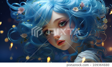 cute cartoon kawaii anime girl with blue hair.Generative AI 109364880