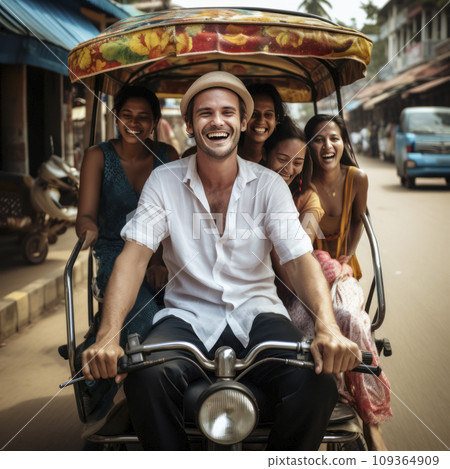 man in tuk-tuk carrying two women 109364909