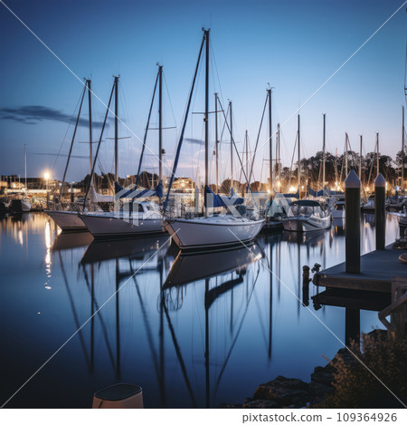 sailboats anchored in a harbor at night 109364926