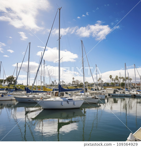 sailboats anchored in a harbor on a sunny day 109364929