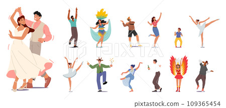 Characters Dance, Their Movements Synchronized To The Rhythmic Beats. Laughter And Smiles Create A Lively Atmosphere Characters Dance, Their Movements Synchronized To The Rhythmic Beats. Laughter And Smiles Create A Lively Atmosphere 109365454