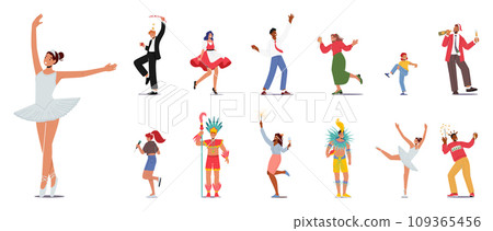 Lively People Joyfully Dance, Moving To The Rhythm With Infectious Energy. Characters Creating A Vibrant Spectacle Lively People Joyfully Dance, Moving To The Rhythm With Infectious Energy. Characters Creating A Vibrant Spectacle 109365456