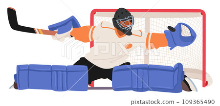 Fierce And Focused, The Hockey Goalkeeper Guards The Net With Determination. Masked And Padded, Vector Illustration Fierce And Focused, The Hockey Goalkeeper Guards The Net With Determination. Masked And Padded, Vector Illustration 109365490