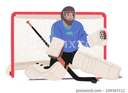 A Focused Hockey Goalkeeper Guards The Net With Determination, Clad In Colorful Gear, Poised For Action On The Ice Rink A Focused Hockey Goalkeeper Guards The Net With Determination, Clad In Colorful Gear, Poised For Action On The Ice Rink 109365512