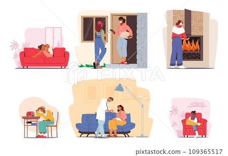 Set Of Sick Characters With Pale Faces, Tired Eyes And Coughing. Blankets And Tissues Surround People Set Of Sick Characters With Pale Faces, Tired Eyes And Coughing. Blankets And Tissues Surround People 109365517