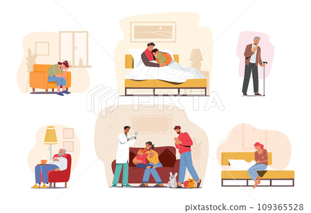 Characters Lie In Beds, Coughing And Fatigue Prevail In This Scene Of Illness, Depicting People Struggle With Sickness Characters Lie In Beds, Coughing And Fatigue Prevail In This Scene Of Illness, Depicting People Struggle With Sickness 109365528