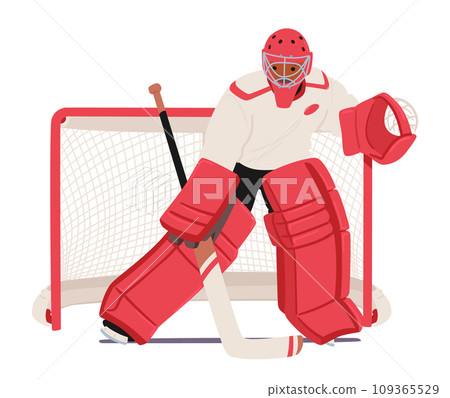 Determined Hockey Goalkeeper Guards The Net With Agile Moves, Clad In Red Gear. Focused And Ready, for Incoming Puck 109365529