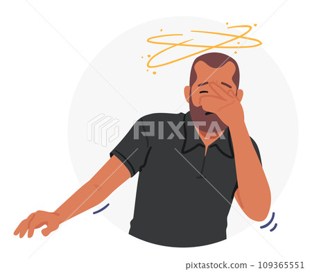 Man Clutches His Face, Pale And Dizzy, Exhibiting Symptoms Of A Heart Attack. His Distress Is Palpable, Illustration Man Clutches His Face, Pale And Dizzy, Exhibiting Symptoms Of A Heart Attack. His Distress Is Palpable, Illustration 109365551