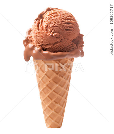 Scoop of chocolate ice cream on a classic waffle cone isolated on white background 109365717