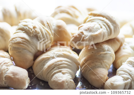 Raw croissant rolls in baking process. 109365732