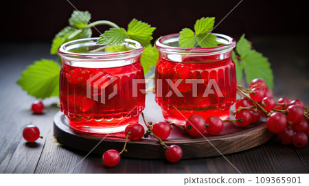 Refreshing drink made from red currant berries. Compote of red currants on a wooden table. 109365901