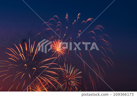 Bright colored fireworks on blue sky background. 109366173