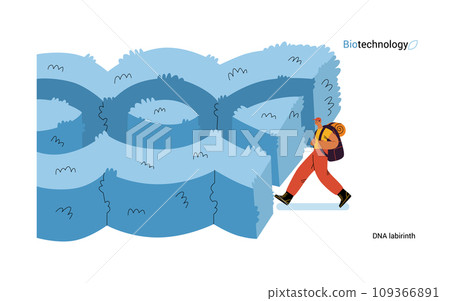 Bio Technology, DNA Labyrinth -modern flat vector concept illustration of person in front of a labyrinth in the form of a double helix DNA. Metaphor of intricacies and challenges of genetic research Bio Technology, DNA Labyrinth -modern flat vector concept illustration of person in front of a labyrinth in the form of a double helix DNA. Metaphor of intricacies and challenges of genetic research 109366891