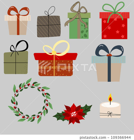 Merry Christmas and Happy New year. Christmas tree, gifts, in trendy retro cartoon style. 109366944