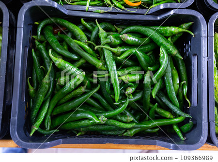 Photo shows garden stuff shop window with display of chilli pepper. 109366989