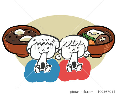 男孩和女孩吃麻糬、 ozoni 和 oshiruko 的手繪風格插圖 109367041