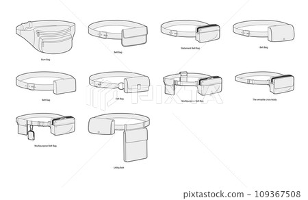 Set of Belt Bum silhouette bags. Fashion accessory technical illustration. Vector satchel front 3-4 view for Men, women 109367508