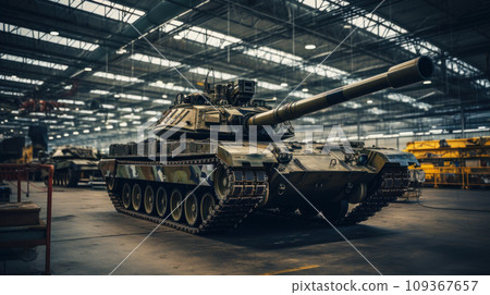 Modern tank in factory, armored vehicle stored in military plant. Interior of industrial warehouse or hangar. Concept of technology, industry, production, war Modern tank in factory, armored vehicle stored in military plant. Interior of industrial warehouse or hangar. Concept of technology, industry, production, war 109367657