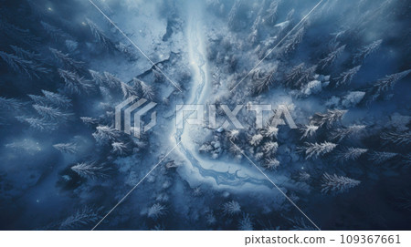 Frozen river in white blue forest in winter, aerial top view of snowy coniferous woods. Landscape of snow, ice and trees. Concept of nature, travel, Siberia, Norway, cold, frost Frozen river in white blue forest in winter, aerial top view of snowy coniferous woods. Landscape of snow, ice and trees. Concept of nature, travel, Siberia, Norway, cold, frost 109367661