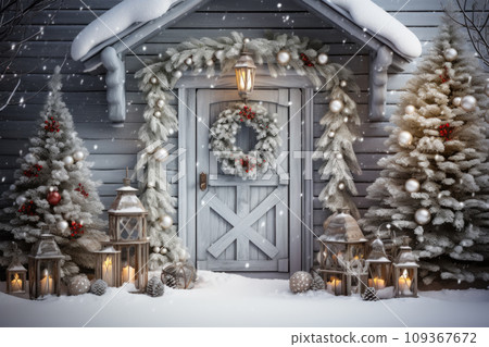 Christmas decoration of house porch, front wooden door on winter holiday. Home entrance with festive trees, garland, wreath, snow and candles. Theme of design, xmas, decor, exterior Christmas decoration of house porch, front wooden door on winter holiday. Home entrance with festive trees, garland, wreath, snow and candles. Theme of design, xmas, decor, exterior 109367672