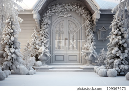 House porch decorated on Christmas with white design, front door in winter holiday. Home entrance with festive trees, garland and snow. Theme of xmas, New Year, decor House porch decorated on Christmas with white design, front door in winter holiday. Home entrance with festive trees, garland and snow. Theme of xmas, New Year, decor 109367673