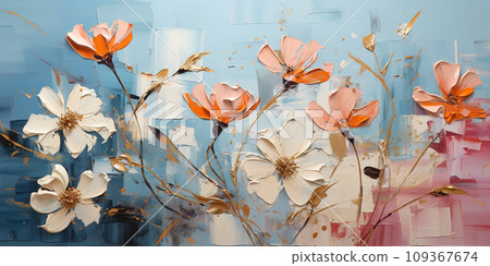Oil painting with textured wild flowers, brush strokes view. Beautiful plants on blue canvas background. Theme of art, paintbrush, nature, design and wallpaper Oil painting with textured wild flowers, brush strokes view. Beautiful plants on blue canvas background. Theme of art, paintbrush, nature, design and wallpaper 109367674