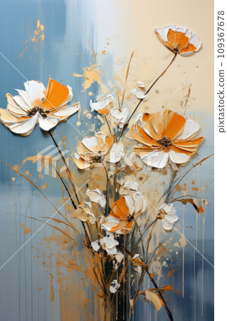 Oil painting with orange flowers, rough brush strokes texture. Vertical plants on pastel blue canvas background. Theme of art, paintbrush, nature, summer, design, illustration 109367678