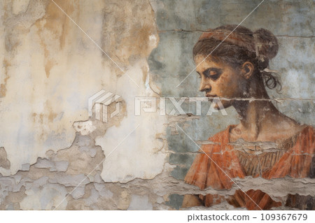 Ancient fresco with young woman face, vintage cracked portrait on wall plaster, old damaged painting. Concept of Roman Greek art, Renaissance, culture, history, beauty, background 109367679