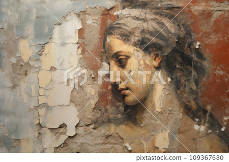 Ancient painting with young woman face, vintage cracked portrait on wall plaster, old damaged fresco. Concept of Roman Greek art, Renaissance, beauty, culture, background, fashion 109367680