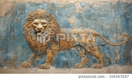Old wall fresco of lion, cracked vintage Ancient painting of animal on blue background. Damaged artifact of Sumerian or Babylonian culture. Theme of renaissance, art, history, nature 109367687