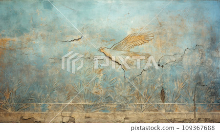 Ancient fresco of bird in garden, damaged painting of animals on old blue wall. Vintage cracked artifact background. Theme of fine art, beauty, antiquity, animal, mural, history Ancient fresco of bird in garden, damaged painting of animals on old blue wall. Vintage cracked artifact background. Theme of fine art, beauty, antiquity, animal, mural, history 109367688