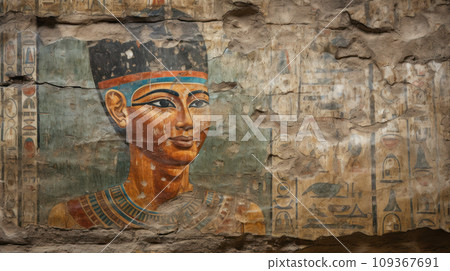 Ancient Egyptian wall fresco, vintage worn painting with pharaoh portrait, texture background. Art of past civilization. Theme of Egypt, hieroglyphic script, people, old history 109367691