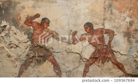 Ancient Greek or Roman fighters, antique scene with two men fighting in old cracked wall fresco, vintage painting. Theme of art, Greece, Rome, sport, competition, wrestling 109367694