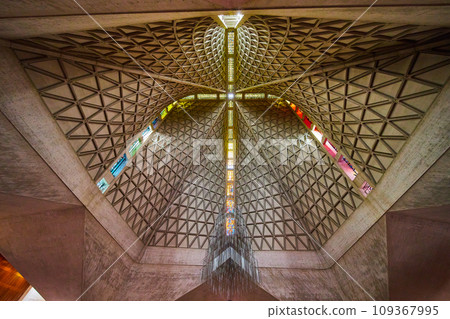 View of stained glass windows and chandelier in Cathedral of Saint Mary of the Assumption 109367995