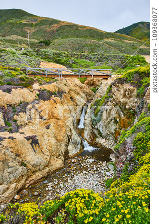 Bridge over small creek with two waterfalls leading into shallow pool with stones 109368077